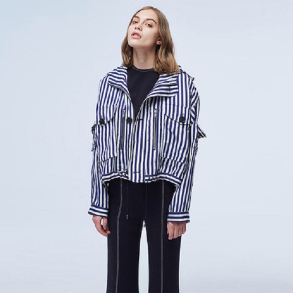Linen Blend Hooded Striped Nautical Utility Jacket